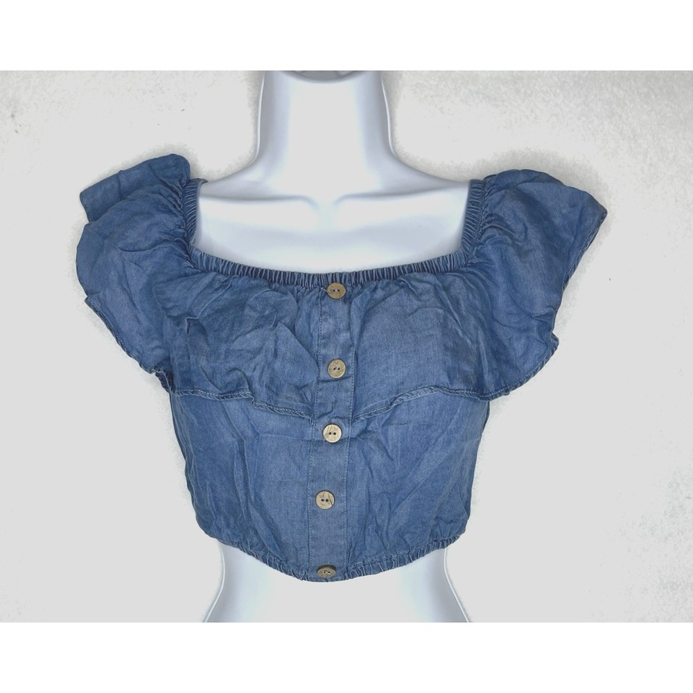 Haute Mende Blue Jean Ruffle Off Shoulder Crop Top Medium Peasant - Picture 3 of 6
